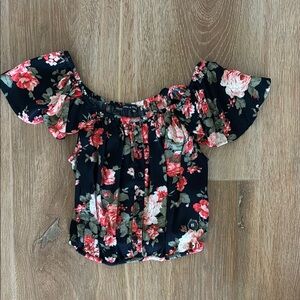 Abercrombie & Fitch Black and Pink Floral Smocked Ruffled Crop Top